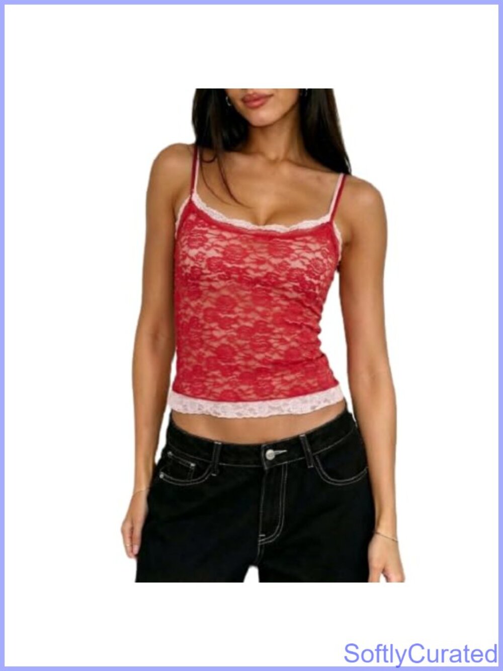 Y2K Lace Trim Spaghetti Strap Square Neck Slim Fit Camisole Tank Top